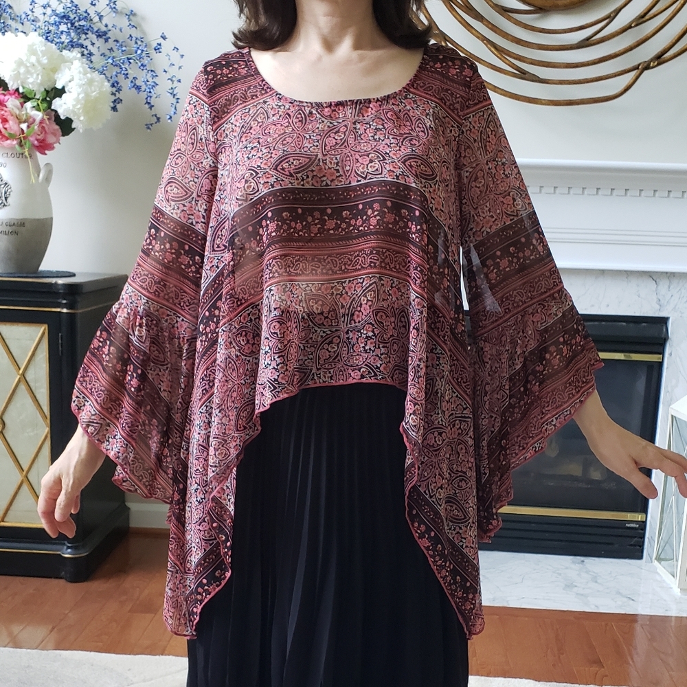 Charlotte Russe Sheer Boho Bell Sleeve Drape Blouse in Brown Print - Sz Small